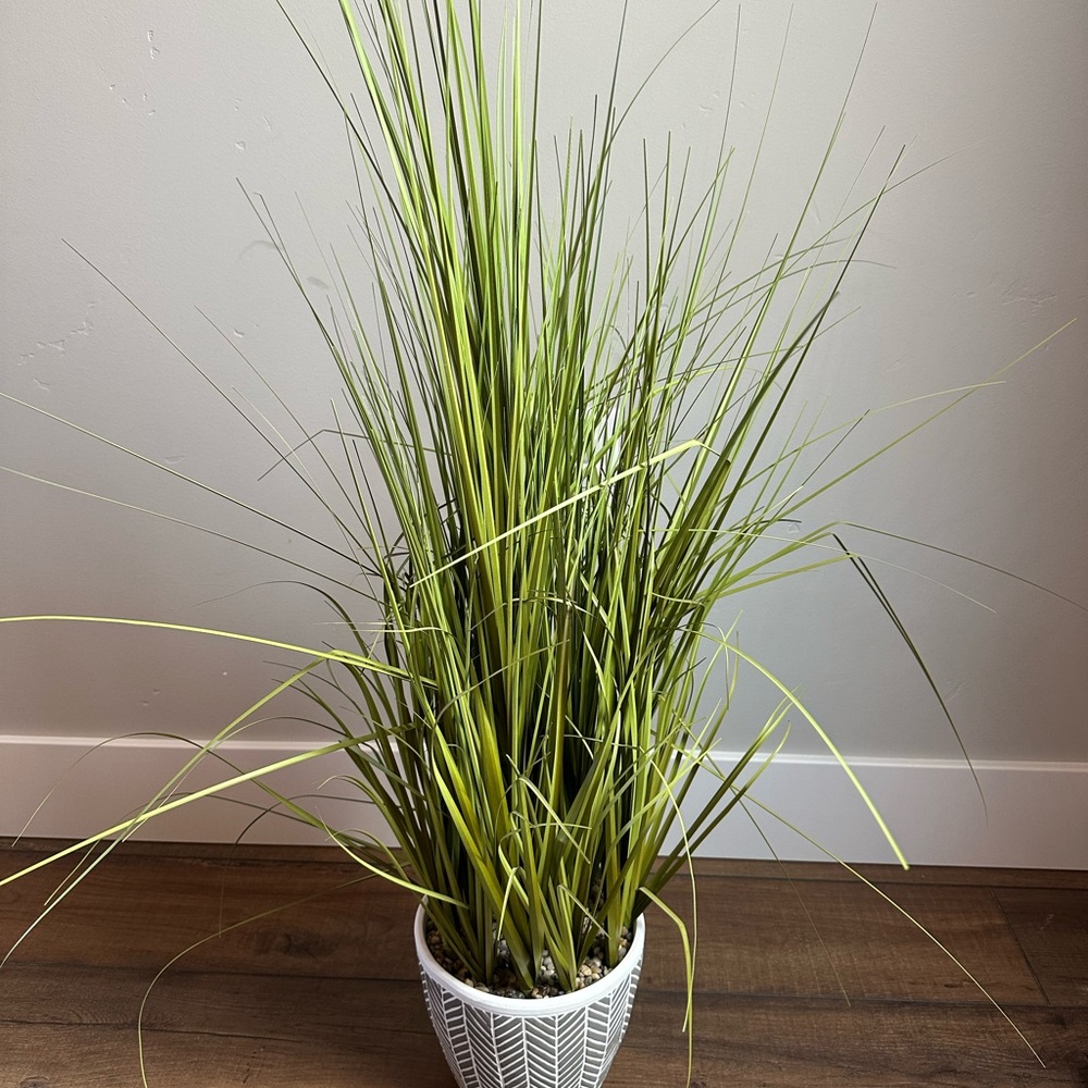 Green Artificial Grass Plant in White Pot